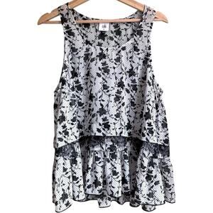 CABI Black Ivory Floral Dot Tank Top Lace Ruffle Semi Sheer Tiered M